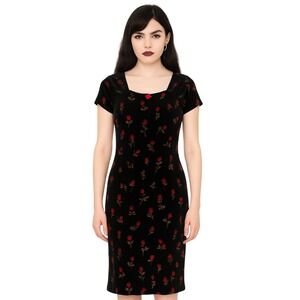 L.A. CONDUCT Velvet Rose Print Dress Short Sleeve Black‎ Floral Wednesday Addams